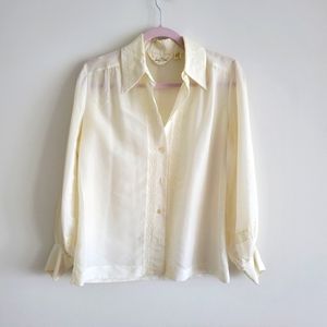 vintage 80s lace blouse shirt top balloon sleeve size Medium pearl white buttons